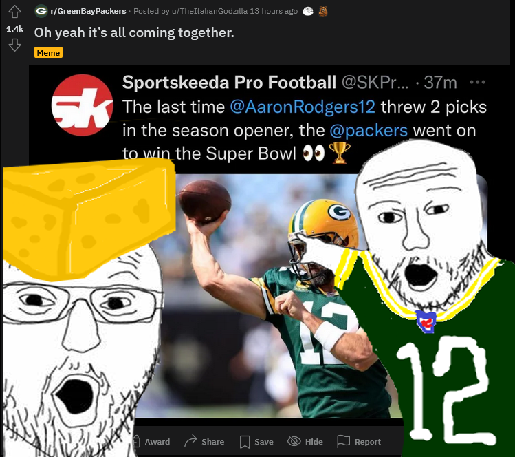 two pointing soyjaks, 2soyjaks, aaron rodgers, american football, bald, cheese, cheese hat, cleavage, clothes, downvote