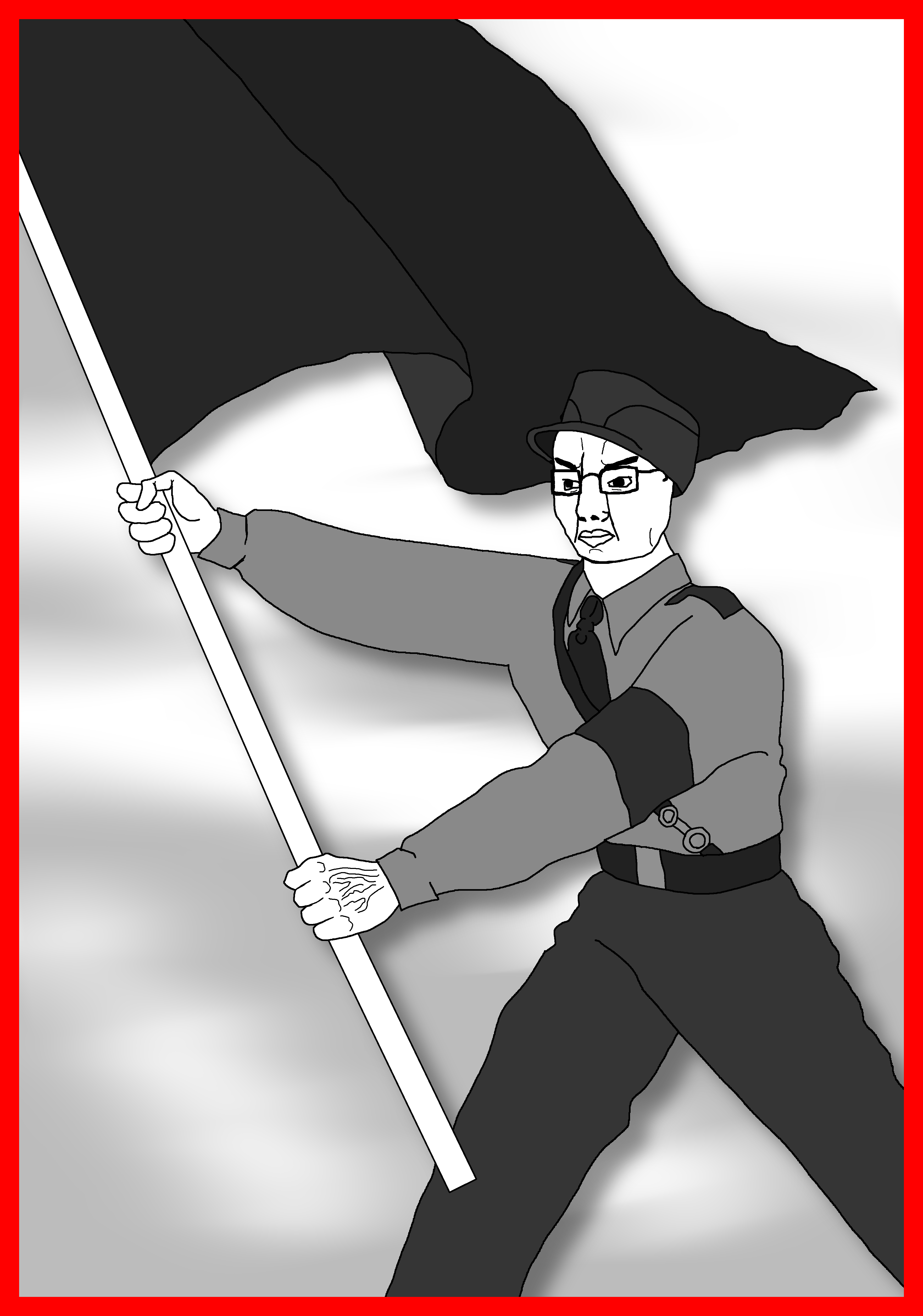 chudjak, armband, belt, belt buckle, black hair, black pants, blurred background, bushy eyebrows, fascism, flag