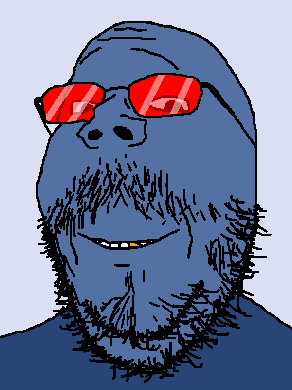 gapejak, mustached gapejak, wholesome soyjak, beard, blue skin, closed mouth, glasses, golden tooth, looking at you, mazeltv