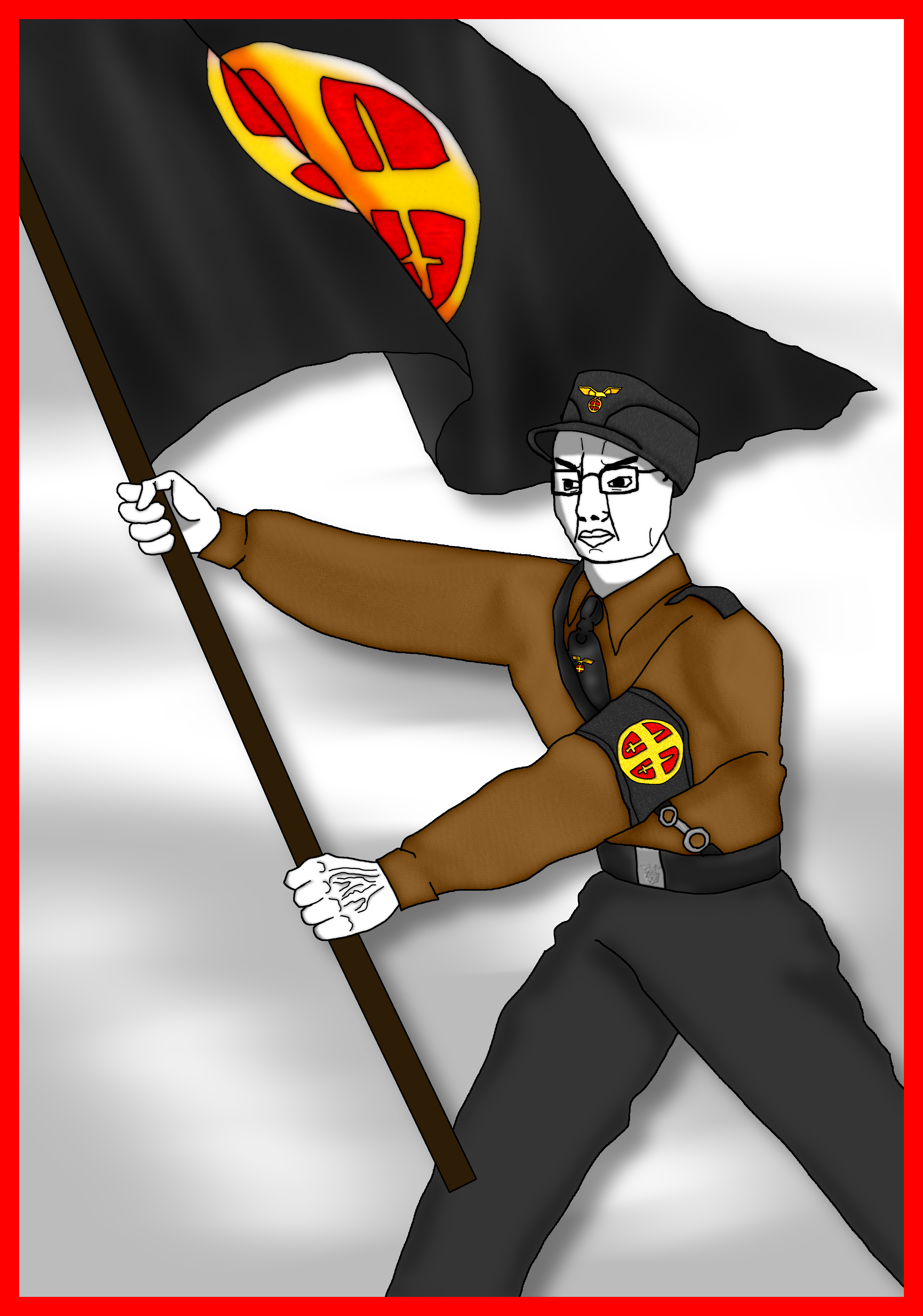 chudjak, armband, belt, belt buckle, black hair, black pants, blurred background, brown shirt, bushy eyebrows, fascism