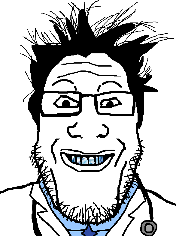 markiplier soyjak, grinplier, blue shirt, clothes, coat, collar, doctor, forehead lines, gem, glasses