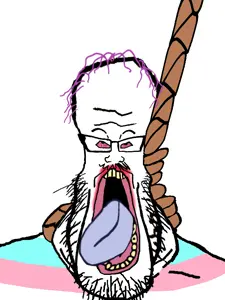 markiplier soyjak, big brain, bloodshot eyes, brainful, distorted, flag, glasses, hair, hanging, lipstick