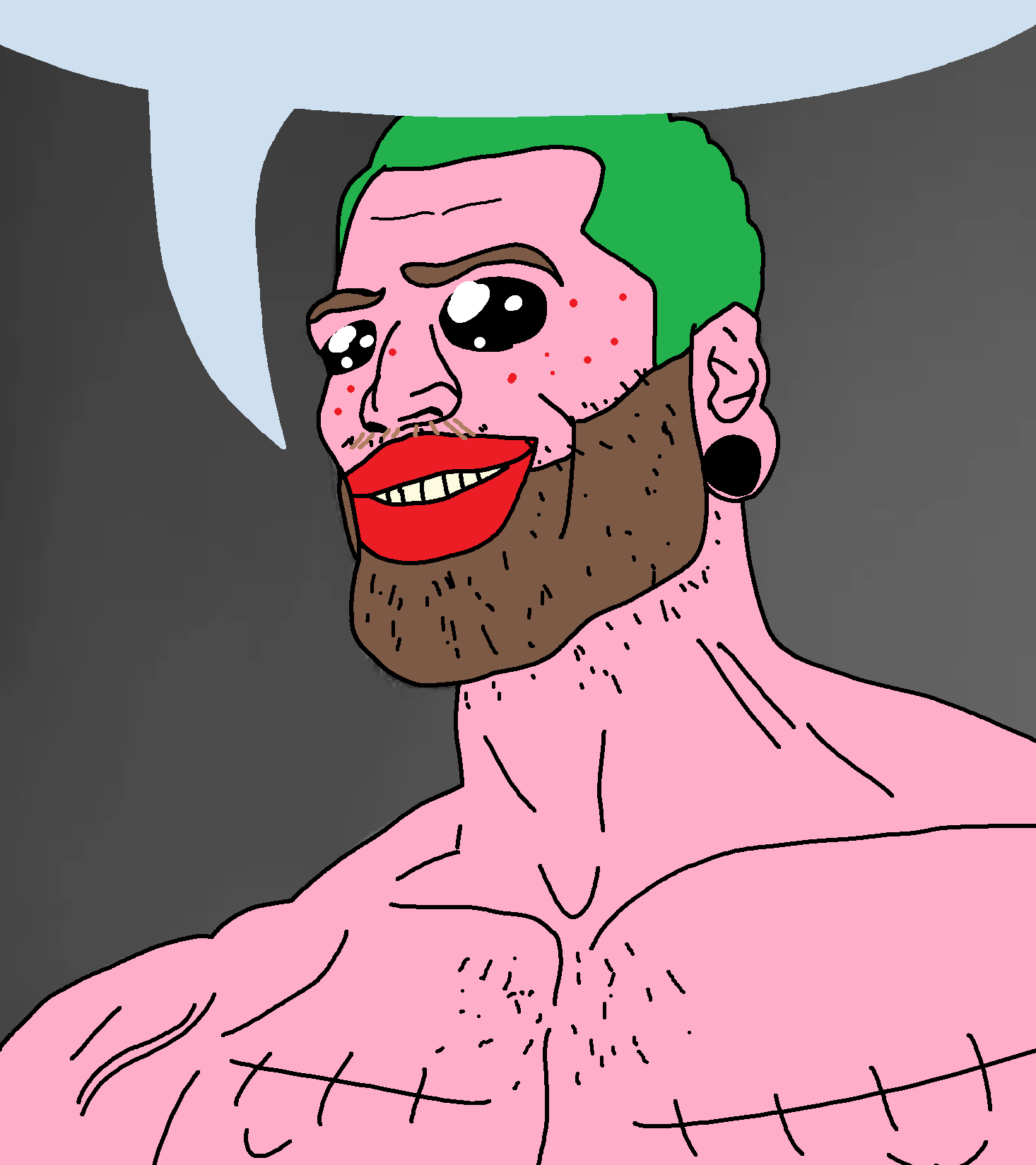 gigachad, acne, big lips, black eyes, earring, gray background, green hair, hrt, lips, pink skin
