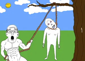 SoyBooru.com - 152460 - 3soyjaks ack bald buff glasses hanging looking_at_you lynching muscles open_mouth rope smile stubble subvariant_carbjak subvariant_vlod_ack subvariant_wholesome_soyjak sun tree variant_gapejak var-1.png