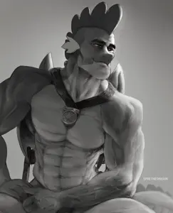 gigachad, animal, barely disguised fetish, buff, chair, dragon, furry, looking to the right, monochrome, muscles
