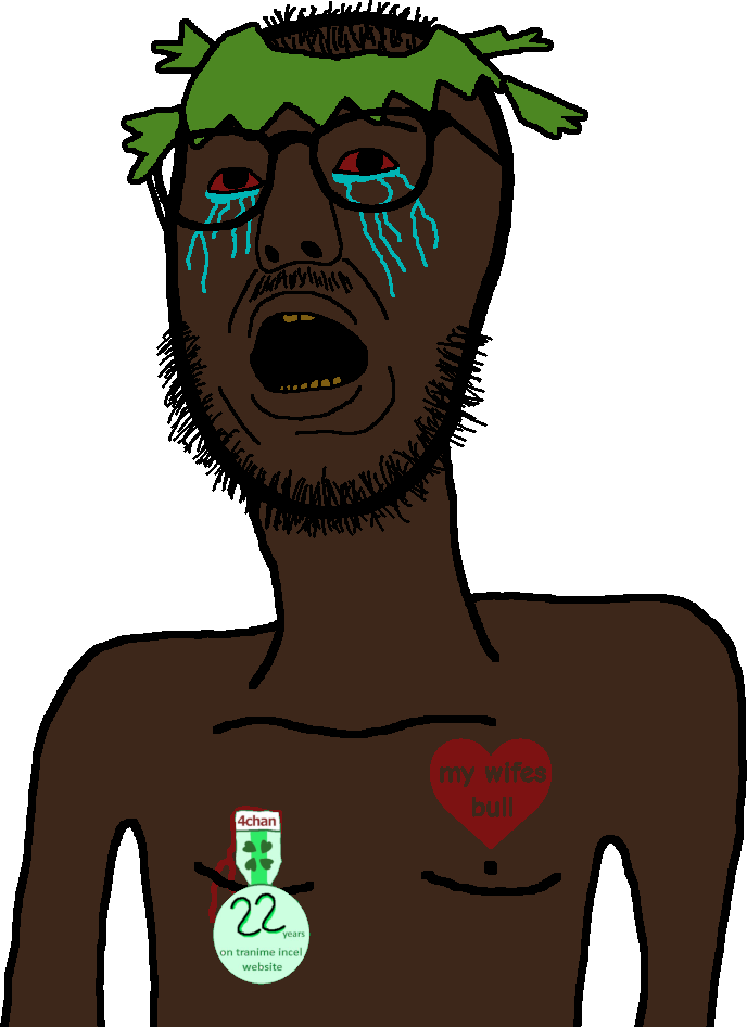 socjak, 22 years on tranime incel website, 4chan, anime, black skin, bloodshot eyes, crying, gaping mouth, glasses, hair