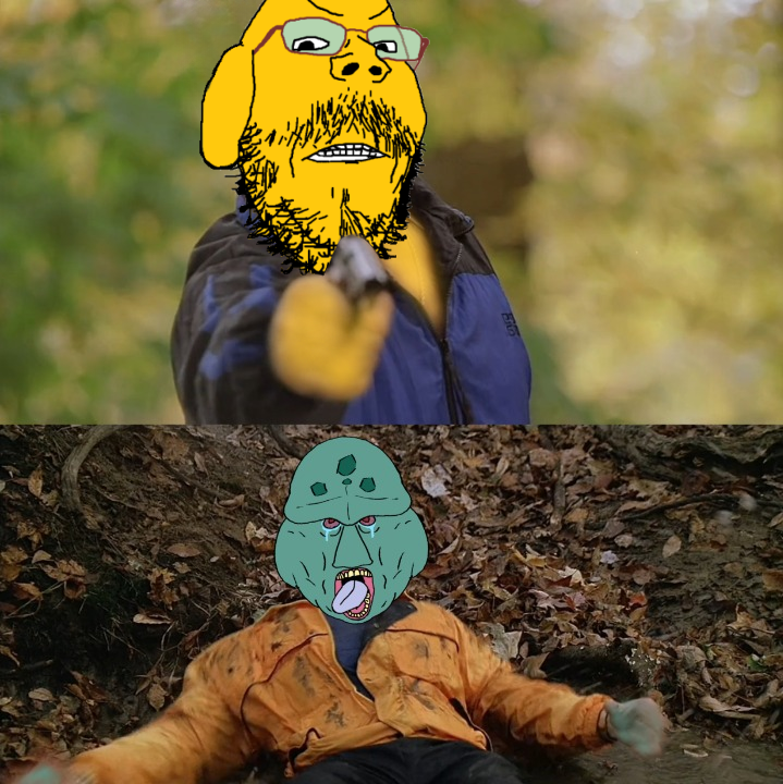 disgusting trevorcreature, gapejak, mustached gapejak, blue skin, crying, dead, glasses, gun, holding gun, holding object
