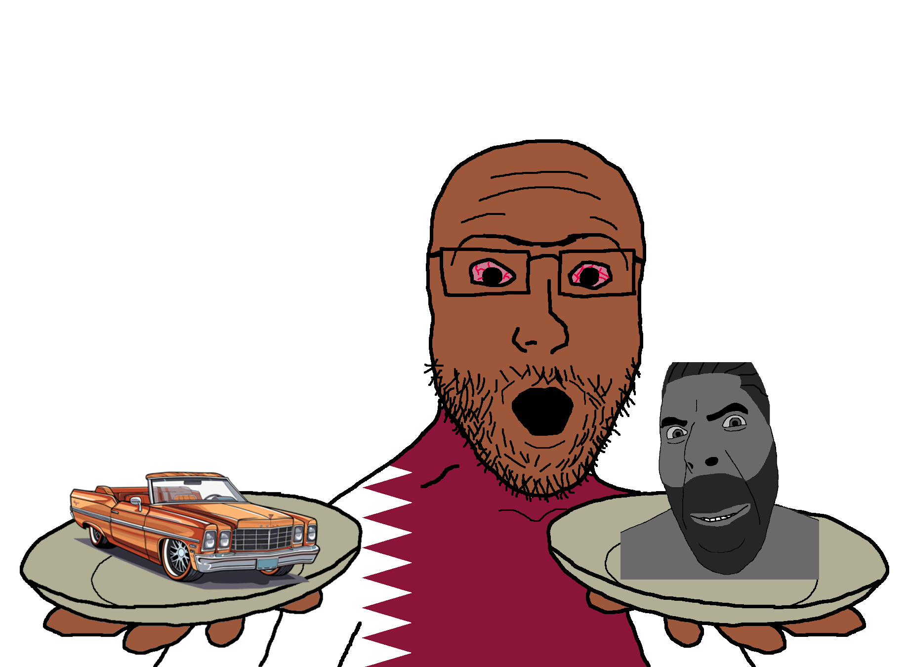 gigachad, cobson, platejak, /pol/ (soyjak.party), 2soyjaks, beard, black and white, bloodshot eyes, car, closed mouth