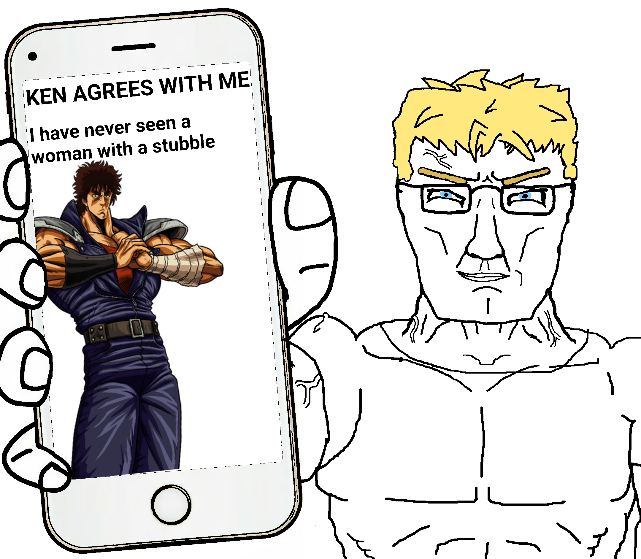 kenshiro, chudjak, chuddy, chudjak front, muscular chud, aryan, a10 eyes, agreeing, cleavage, fictional character support me