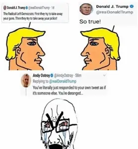 chad thundercock, donald trump, cryboy soyjak, bloodshot eyes, bushy eyebrows, chad, crying, distorted, glasses, open mouth