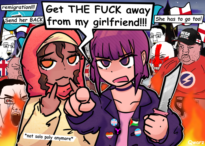 qwarz atarz, norf fc, wojak, chudjak, amelia, coomer artstyle, dyke, glasses, islam, lesbian