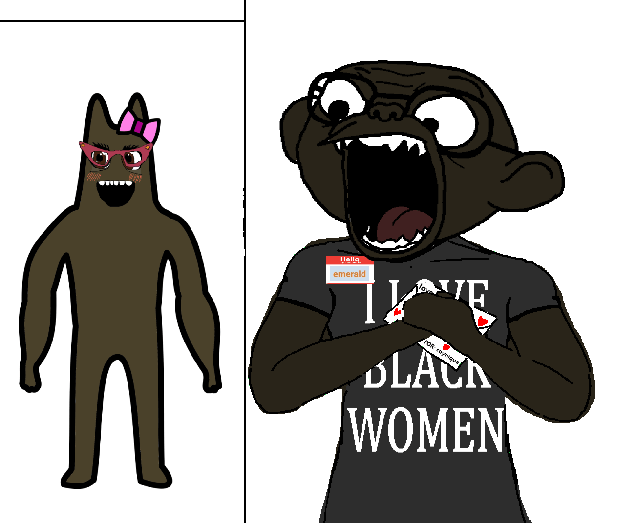 soyniqua, soytan, poo poo test, banbaleena, beanie, black hair, black shirt, black skin, blush, brown shirt