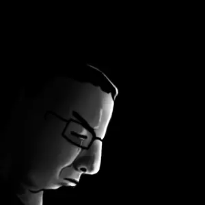 chudjak, chudjak side, its over, 1soyjak, black background, black hair, closed eyes, closed mouth, crying, dark