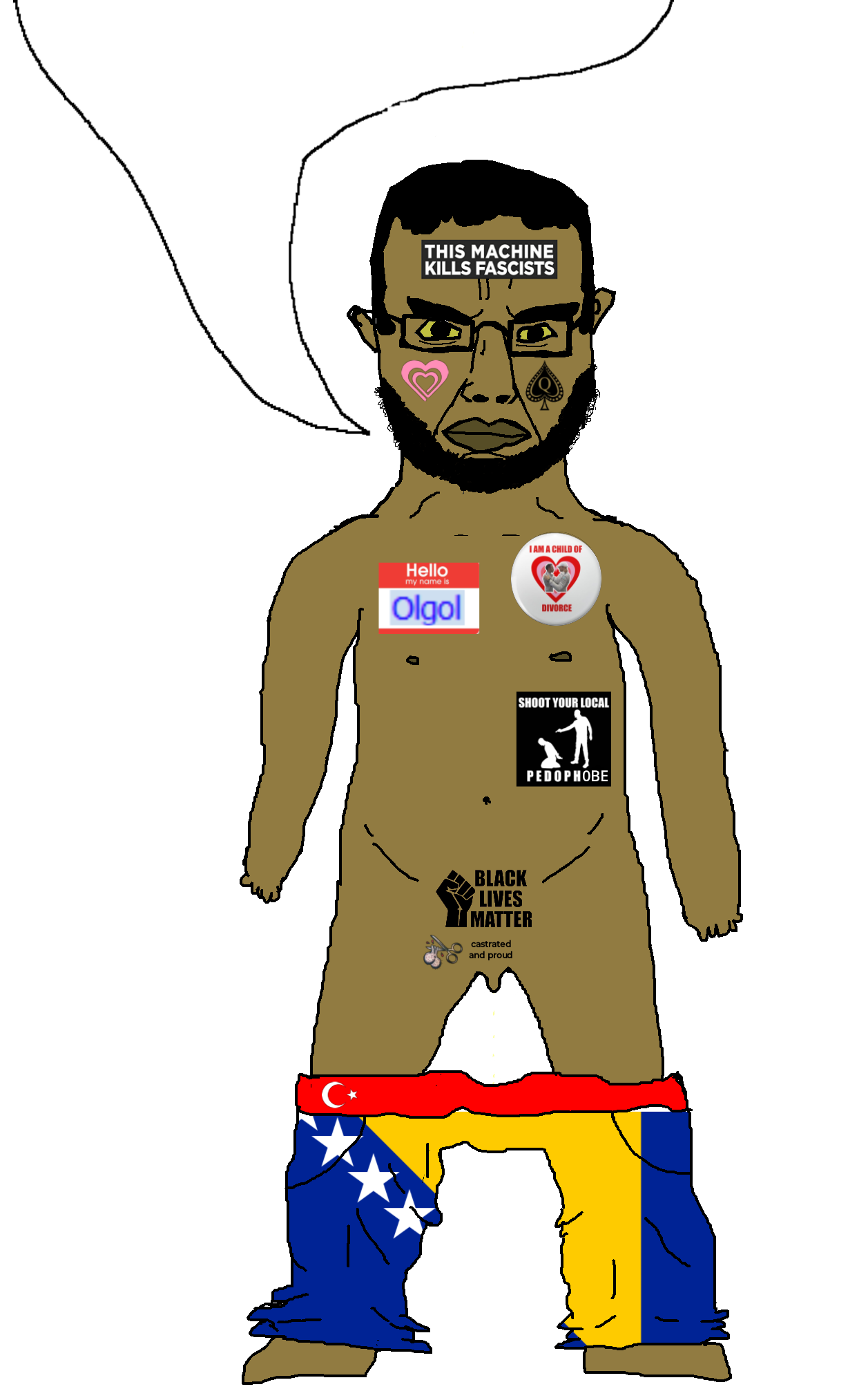 chudjak, obsessedchud, beard, blm logo, brown skin, castration, full body, girllover symbol, glasses, minor attracted person