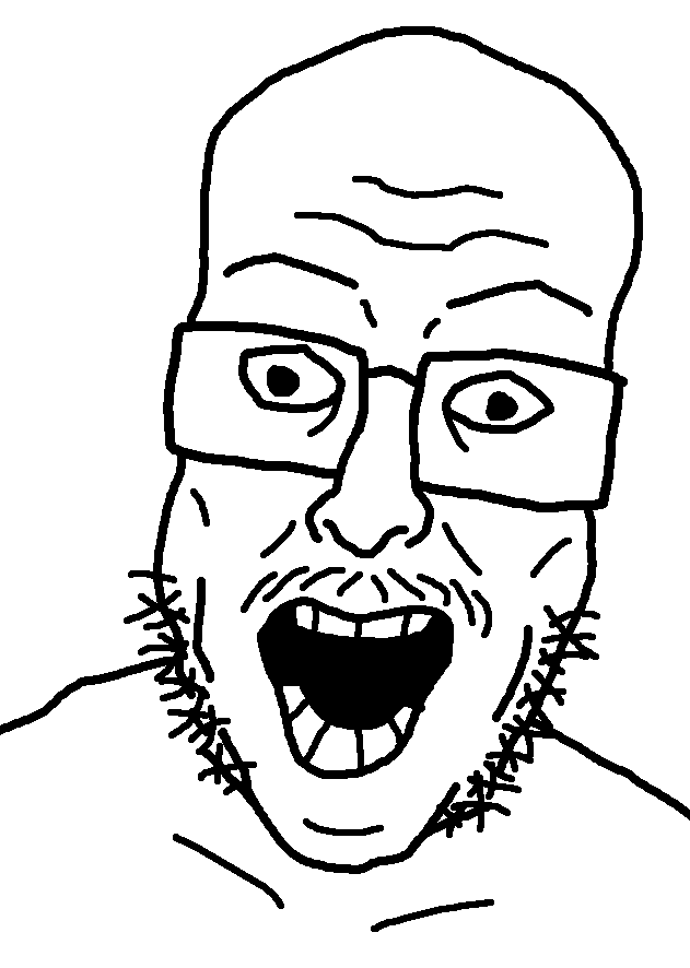 chud robot, unknown, bald, cross eyed, excited, eyebrows, forehead lines, forehead wrinkles, glasses, mustache