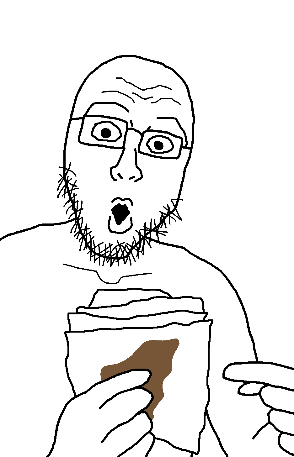 chud robot, loojak, bald, collarbone, excited, forehead lines, forehead wrinkles, glasses, holding object, lips