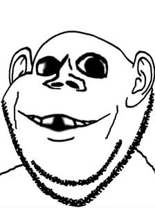 impish soyak ears, swedenborg, 1soyjak, deformed, ear, monochrome, smile, soyjak, stubble, uncolored skin