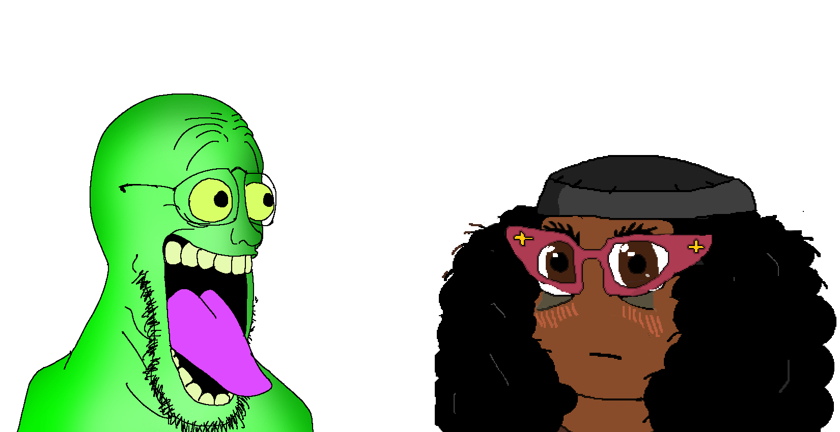soyniqua, soytan, zamnjak2, femjak, 2soyjaks, brown skin, confused, female, glasses, green skin