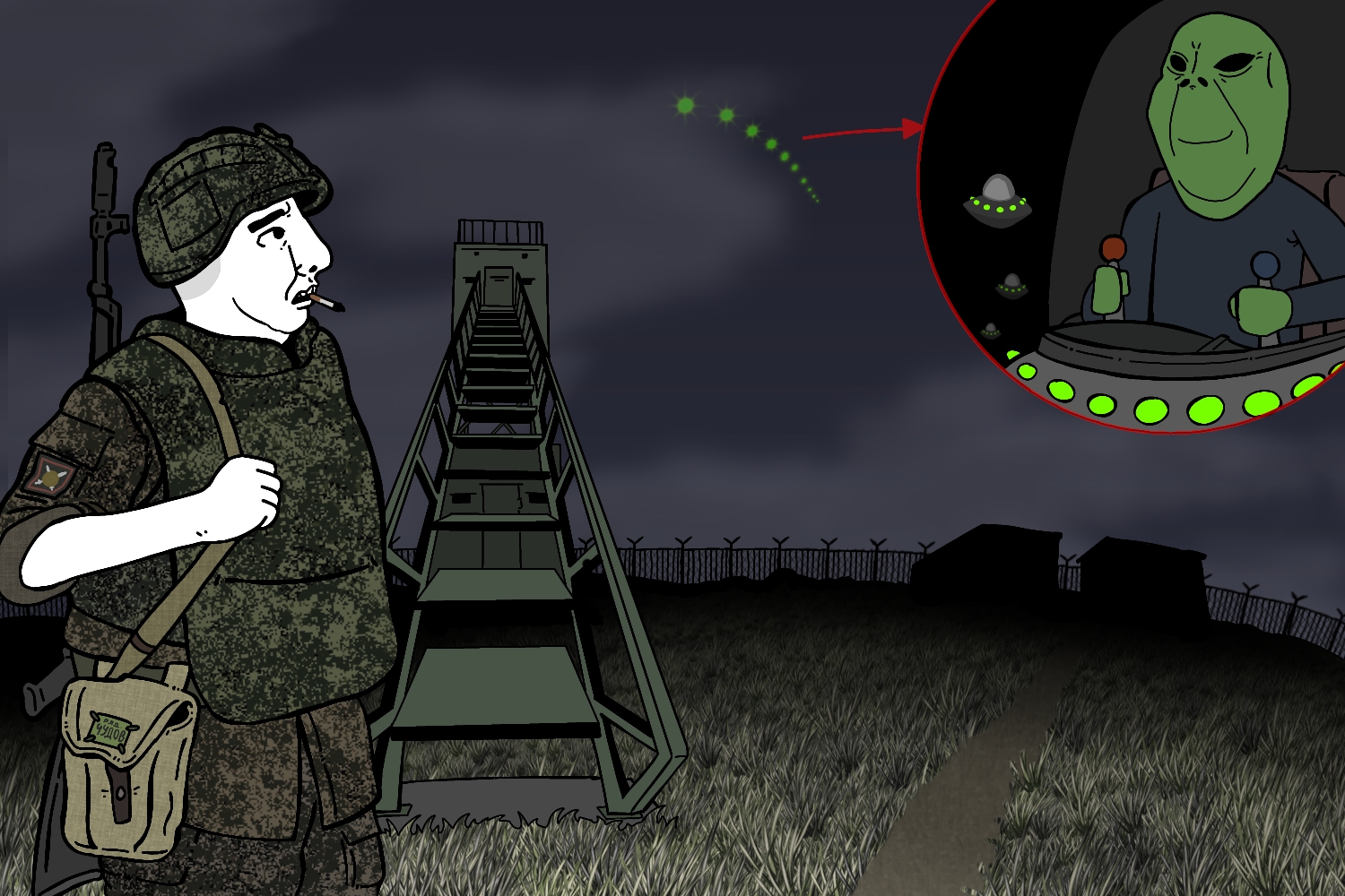 chudjak, gapejak, 2soyjaks, alien, bald, black eyes, black sclera, building, camouflage, chainlink
