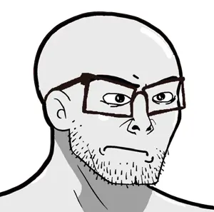 nujak, closed mouth, frown, glasses, gray skin, soyjak, stubble