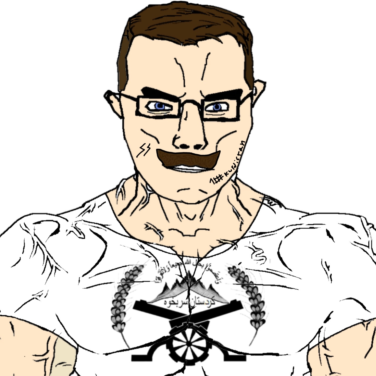 chudjak, chudjak front, muscular chud, arabic text, blue eyes, brown hair, buff, chvd, glasses, hair
