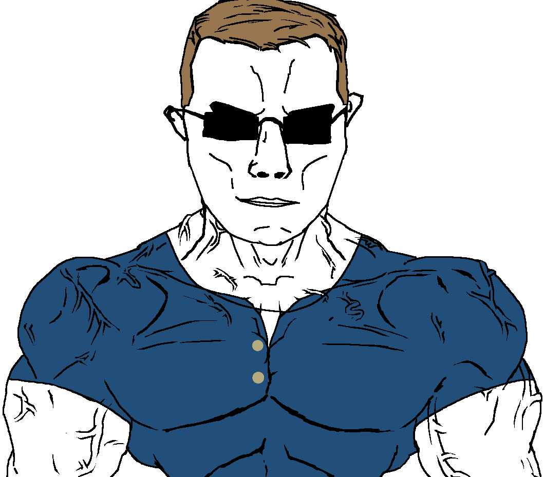chudjak, chudjak front, muscular chud, brown hair, buff, clothes, friend, glasses, hair, looking at you