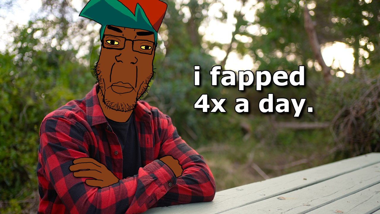 boyfriend (friday night funkin'), esl fnf pedo, chudjak, markiplier soyjak, chudplier, slopjak, bench, brown skin, flannel, forest
