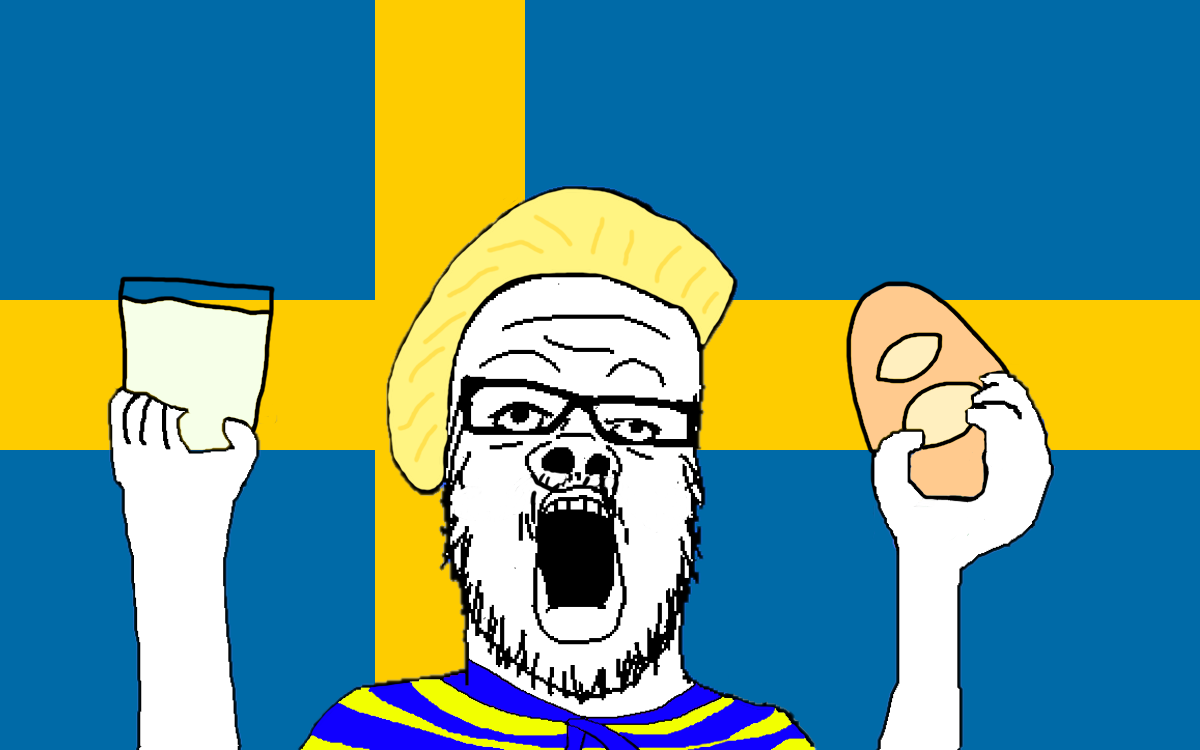 a24 slowburn soyjak, blonde hair, bread, clothes, country, flag, food, gay, glasses, hair