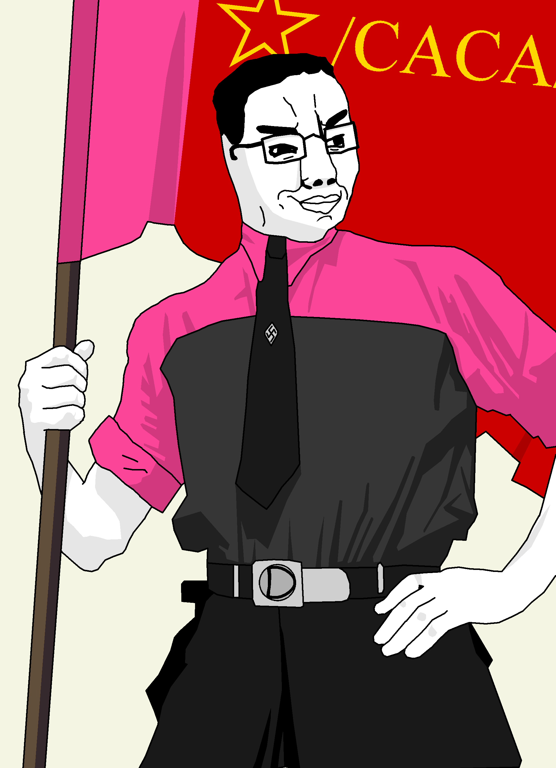 chudjak, militant chud holding flag, militant chud holding flag, /caca/, arm, belt, belt buckle, flag, full body, glasses