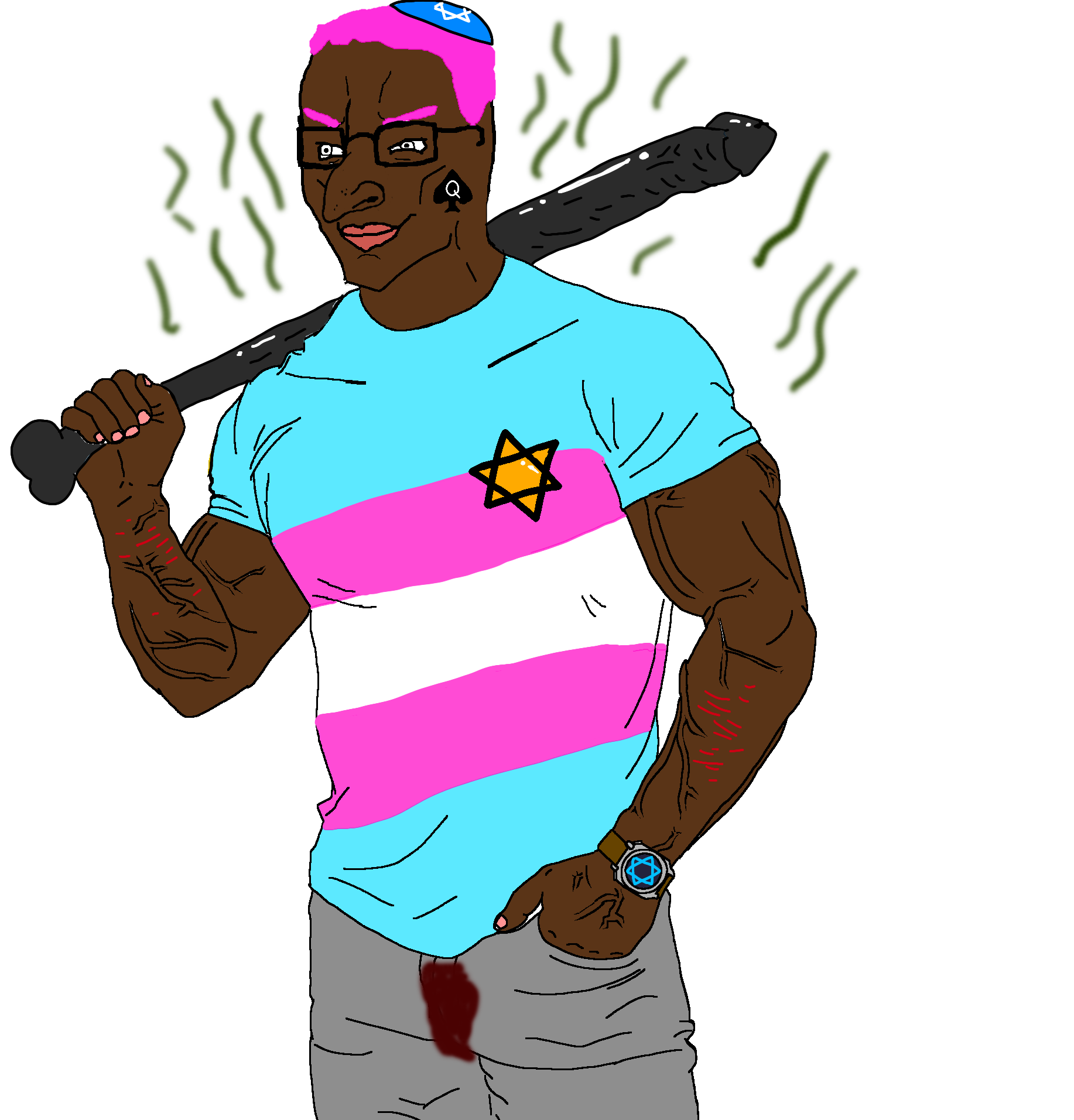 chudjak, muscular chud2, brown skin, buff, hair, jewish hat, jewish nose, jewish star, kike, muscles