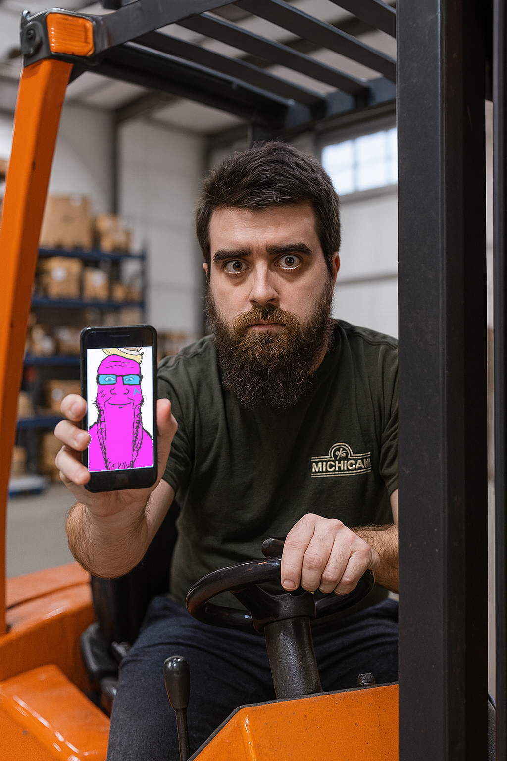 markiplier soyjak, longplier, banana, banana split ice cream, beard, blue glasses, food, forklift, fruit, glasses