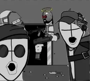 two pointing soyjaks, 2soyjaks, clothes, madness combat, no eyes, no nose, open mouth, pointing, soyjak, video game