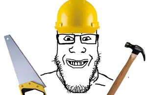 markiplier soyjak, clothes, construction, construction worker, glasses, grin, hammer, happy, hard hat, hat