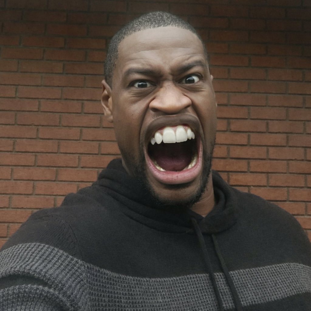 george floyd, feraljak, feralnigger, saint floyd, angry, beard, big lips, black skin, brick, brick wall
