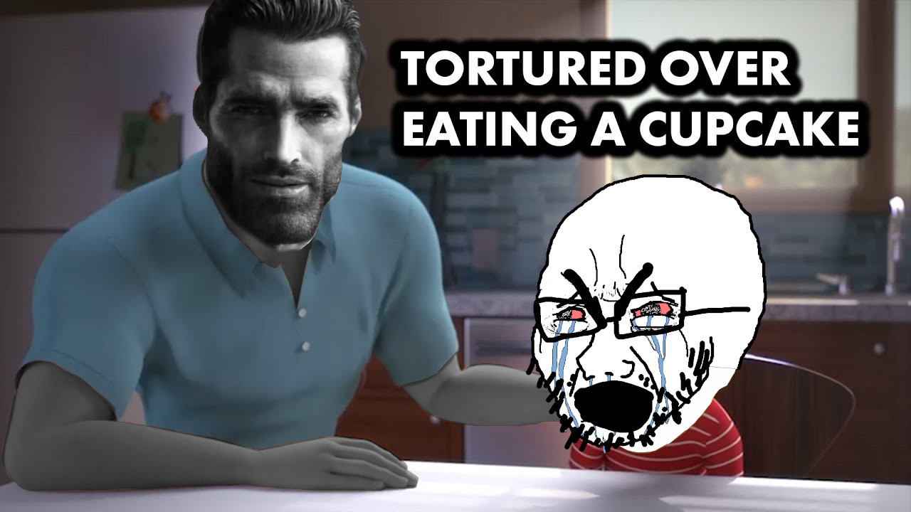 gigachad, cryboy soyjak, 1nas, 1soyjak, 3d, 3d background, beard, crying, cupcake, english text