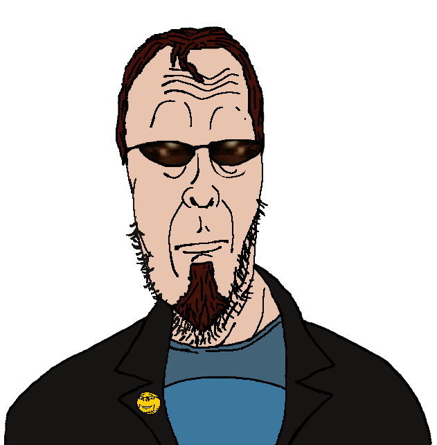 postal dude, cobbert, gapejak, wholesome soyjak, blue shirt, brown hair, closed mouth, clothes, coat, glasses