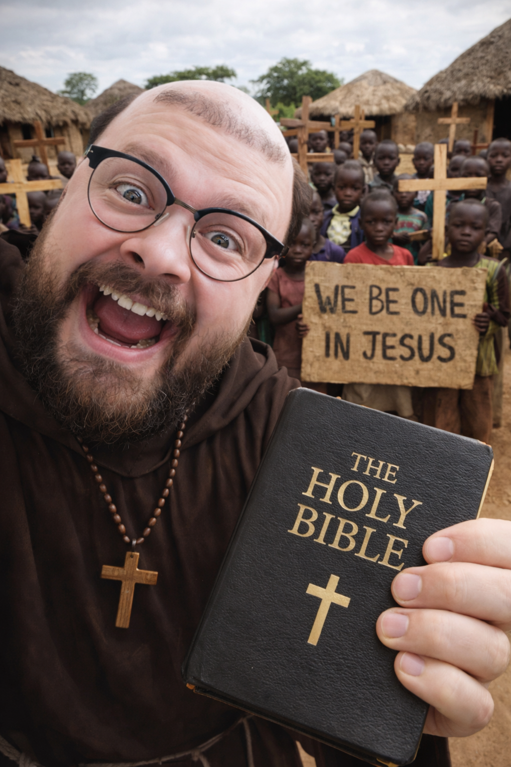 its out get in here, africa, bible, christian cross, christianity, cross necklace, glasses, holding bible, holding object, holding sign