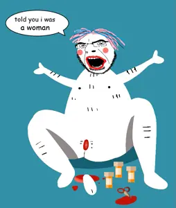 cobson, arm, blood, blue hair, blush, full body, glasses, hair, hands, leg