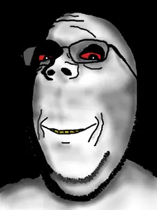 gapejak, wholesome soyjak, glasses, ominous, red eyes, shadow, smile, soyjak, stubble, yellow teeth