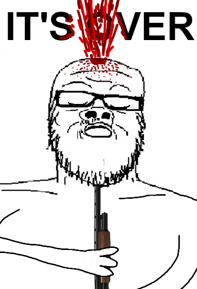 a24 slowburn soyjak, its over, arm, blood, closed eyes, closed mouth, glasses, hands, holding object, its over (phrase)