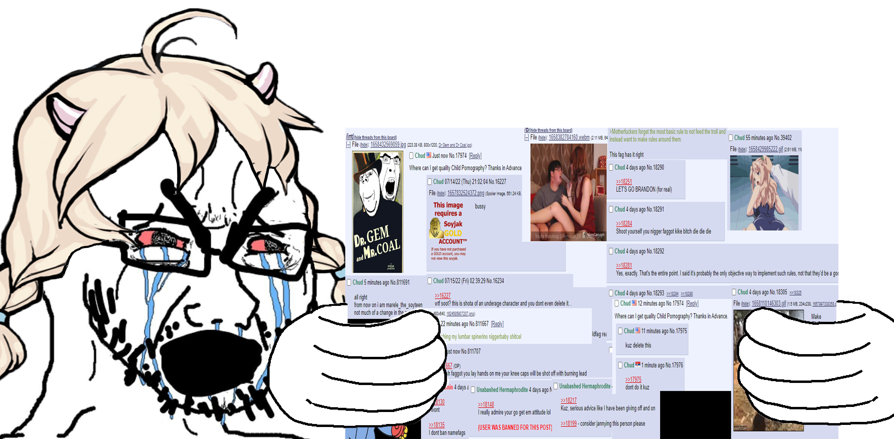 cryboy soyjak, blonde hair, bloodshot eyes, compilation, crying, glasses, hair, hands, holding object, horns