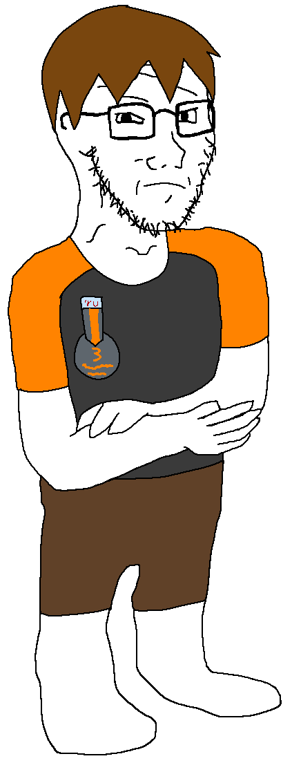dan, soyak, soyak (wary), natejak, arm, brown hair, closed mouth, clothes, crossed arms, full body