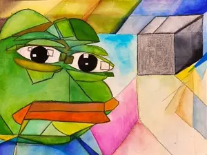 pepe, abstract, amphibian, animal, art, big lips, blue shirt, frog, green skin, lips