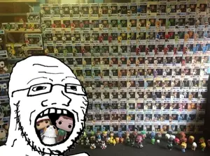 soyak, distorted, funko pop, glasses, irl background, open mouth, soyjak, stubble
