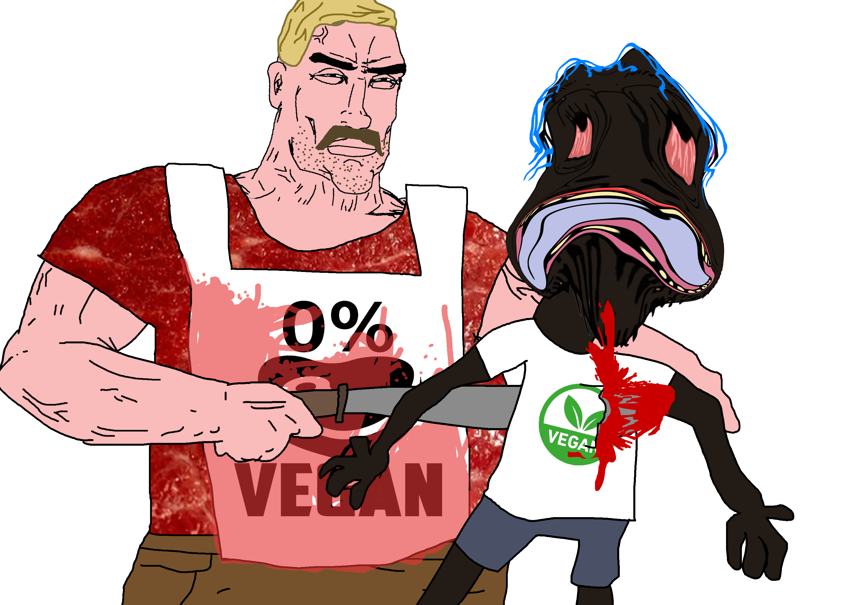 bernd, chudjak, perceptive chud, 2soyjaks, black skin, blonde hair, bloodshot eyes, buff, butcher, clothes