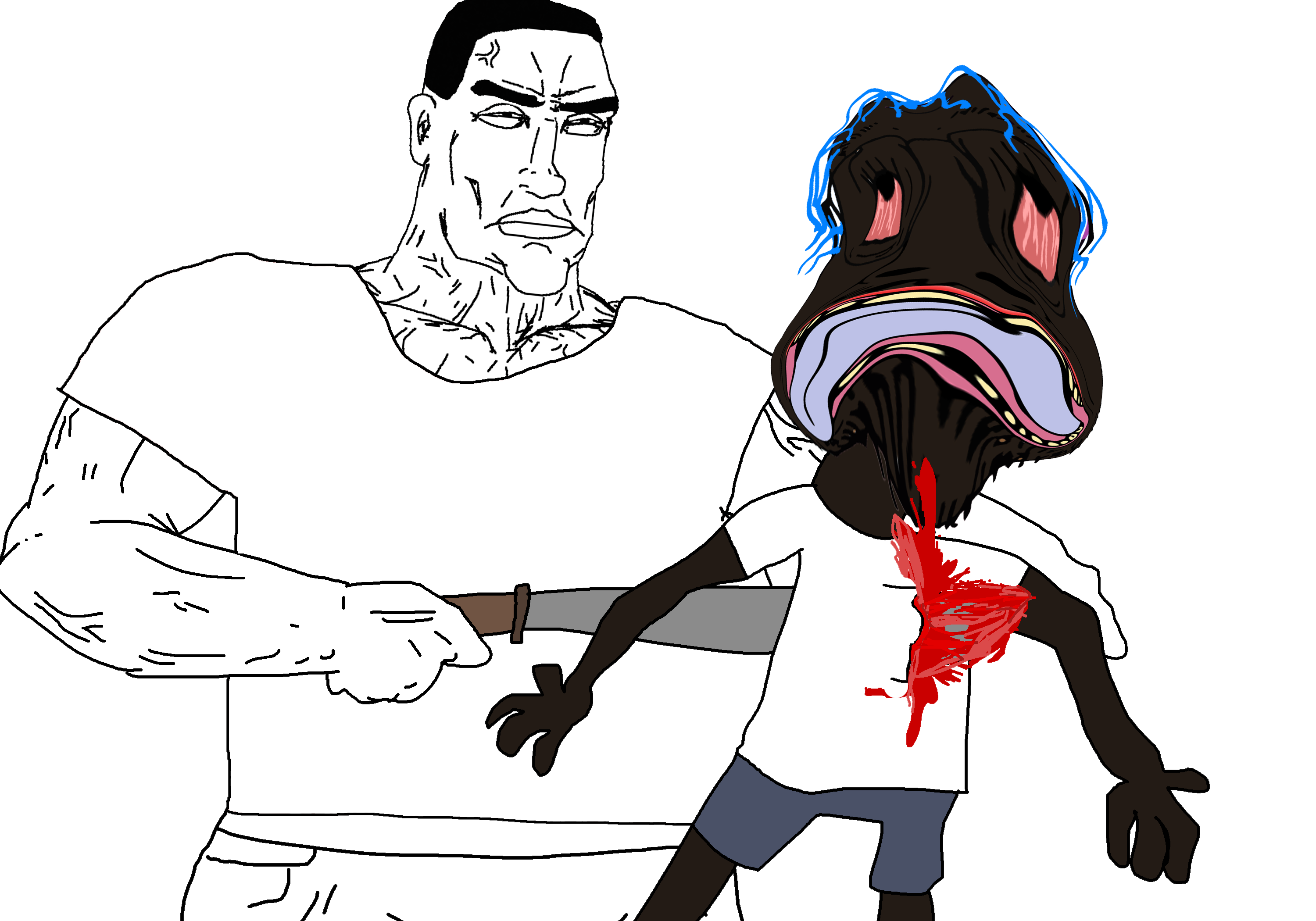 bernd, chudjak, perceptive chud, black skin, blood, bloodshot eyes, blue hair, buff, butcher, chud