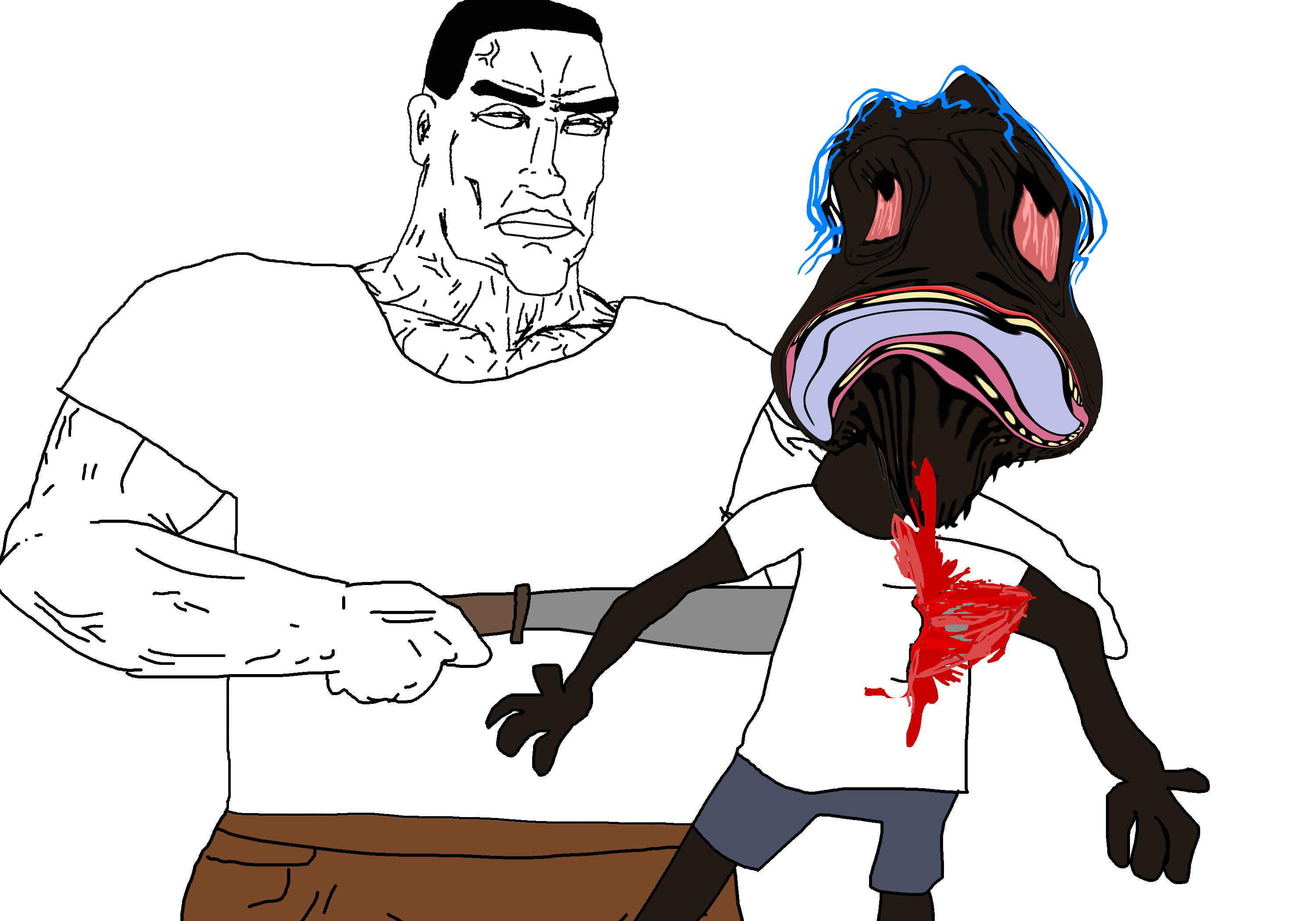 bernd, chudjak, perceptive chud, black skin, blood, bloodshot eyes, blue hair, buff, butcher, chud