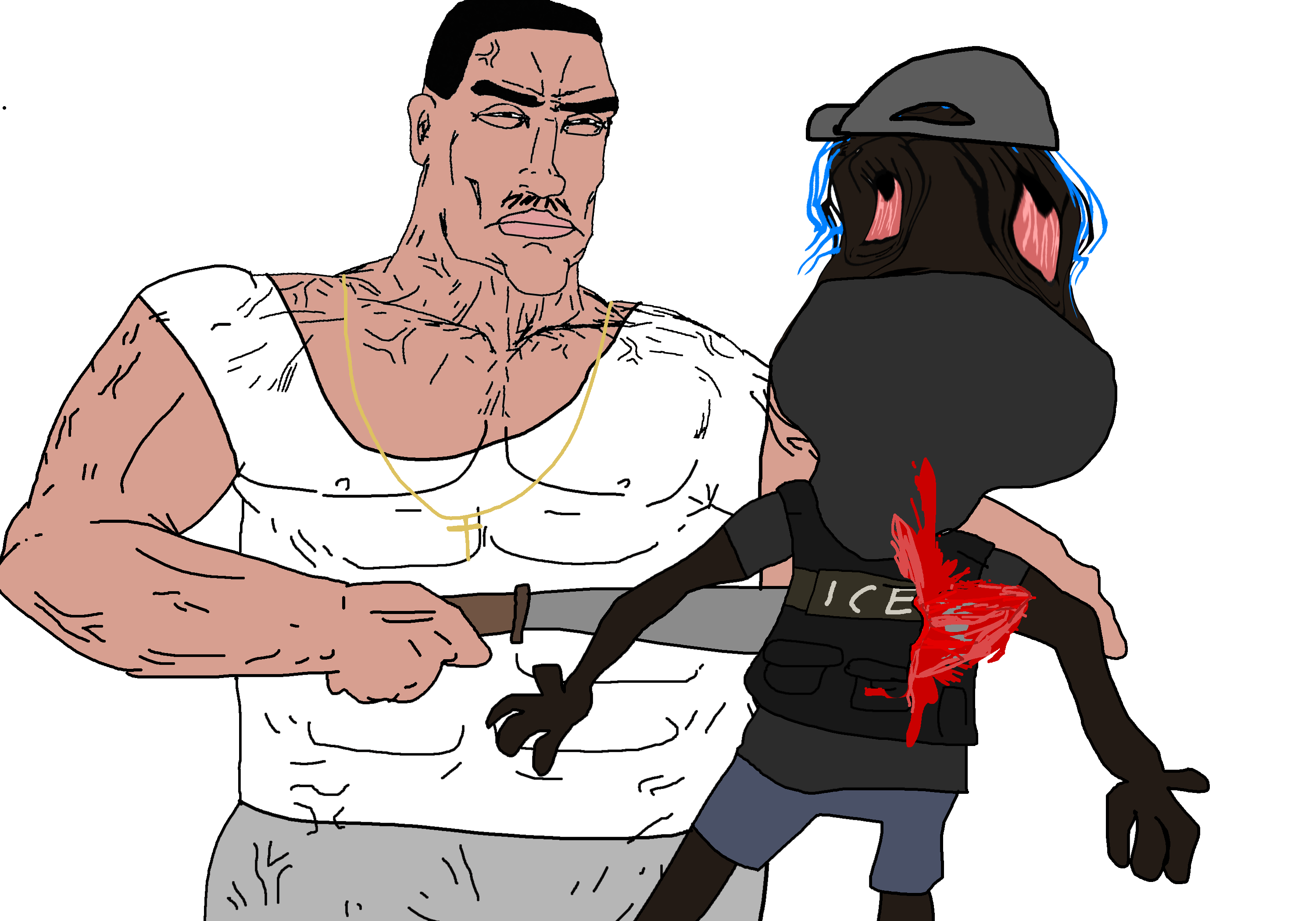 bernd, chudjak, perceptive chud, black skin, blood, bloodshot eyes, blue hair, buff, butcher, chud