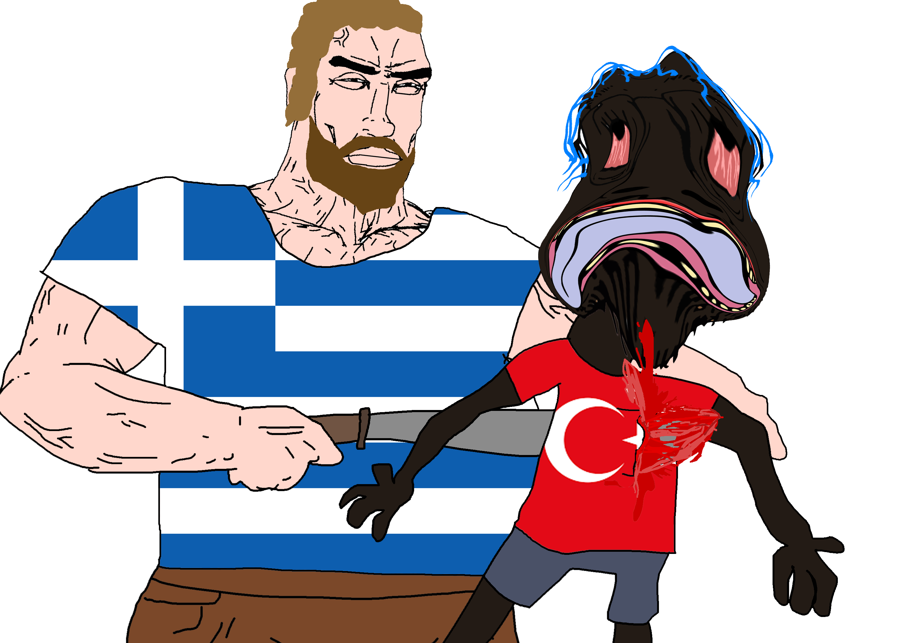 bernd, chudjak, perceptive chud, black skin, blood, bloodshot eyes, blue hair, buff, butcher, chud