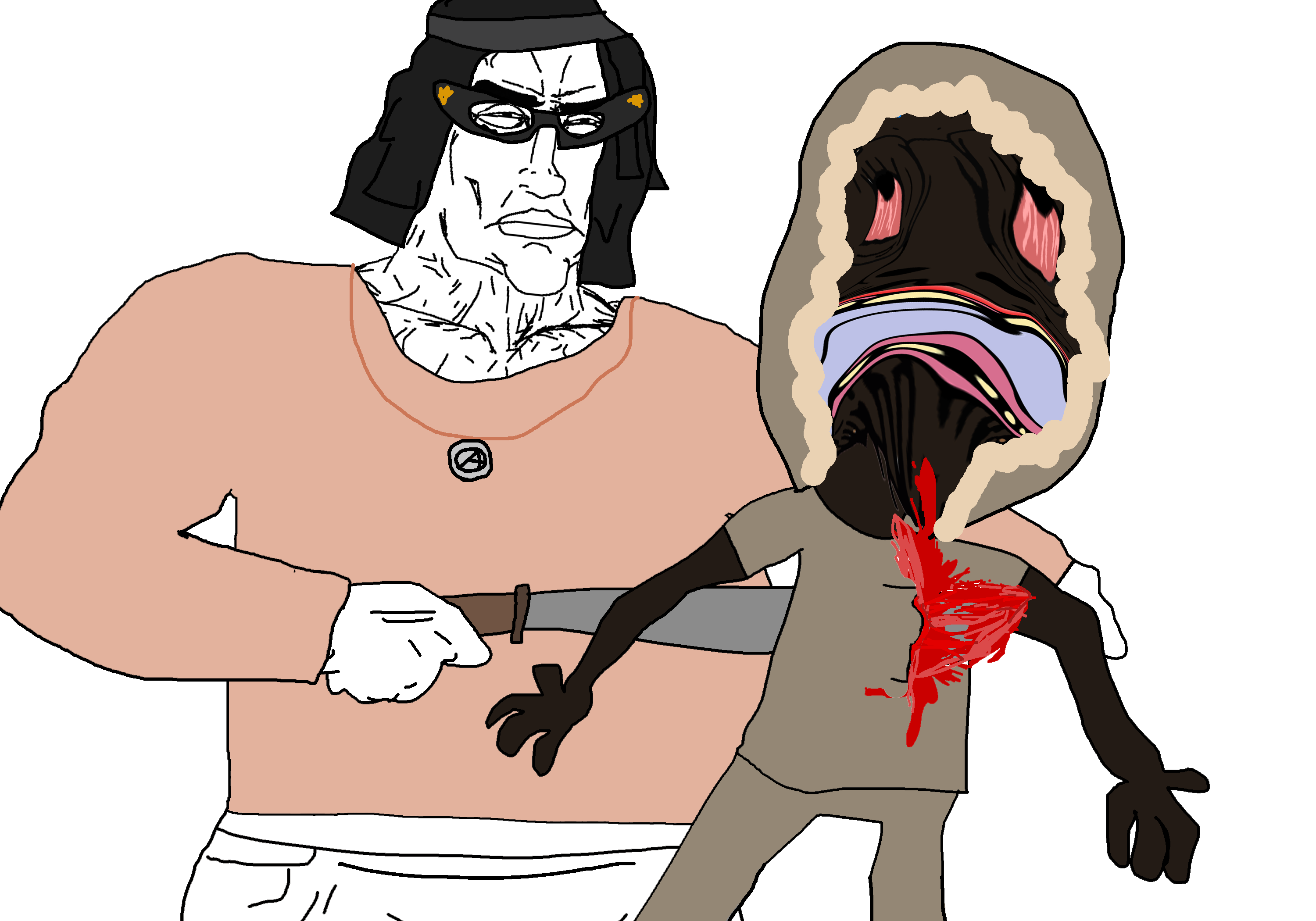 soytan, bernd, chudjak, perceptive chud, black hair, black skin, blood, bloodshot eyes, blue hair, buff